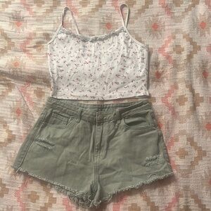 Floral Crop Top and Green Denim Shorts Set